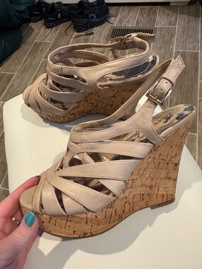 x-appeal Beige Strappy Cork Wedge Sandals